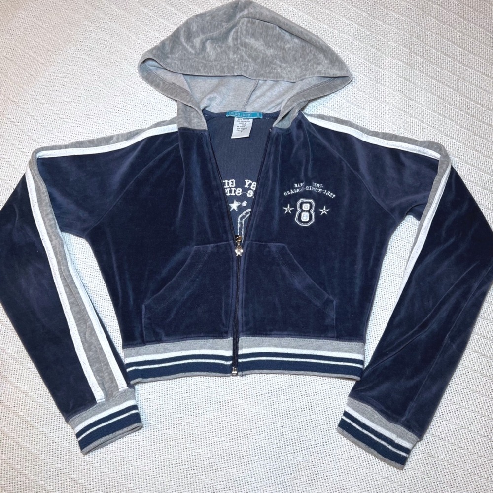 Vintage Y2K Velour Crop Hoodie Navy Blue Grey Babygirl Zip Up Small